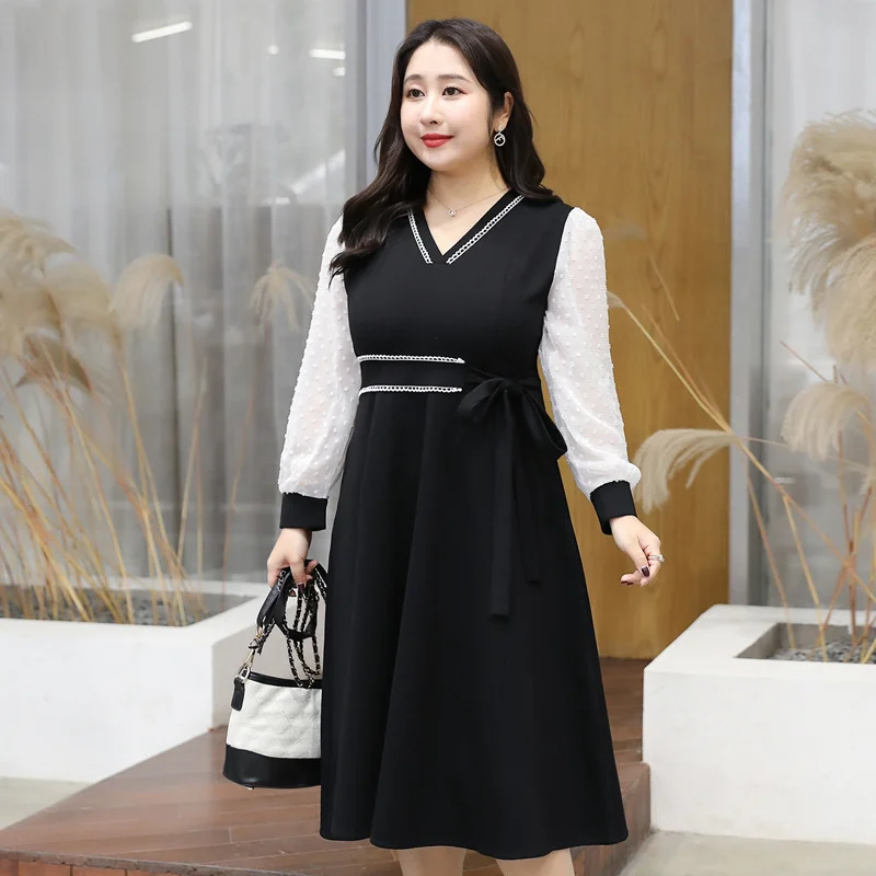 (4XL-8XL) Plus Size V Neck Long Sleeve Swing Dress (EXTRA BIG SIZE)