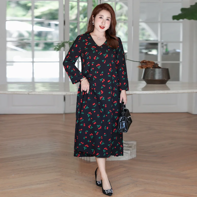 (4XL-8XL) Plus Size Cherry Print Long Sleeve Dress (EXTRA BIG SIZE)