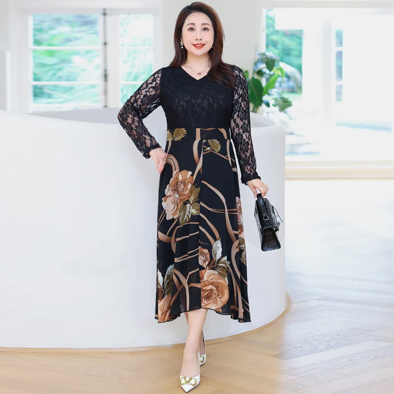 (4XL-8XL) Plus Size Print Lace 2-In-1 Long Sleeve Dress (EXTRA BIG SIZE)