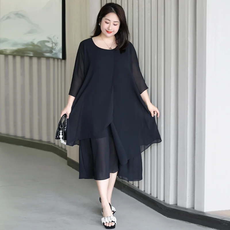 (4XL-8XL) Plus Size Black Slimming Chiffon Dress (EXTRA BIG SIZE)