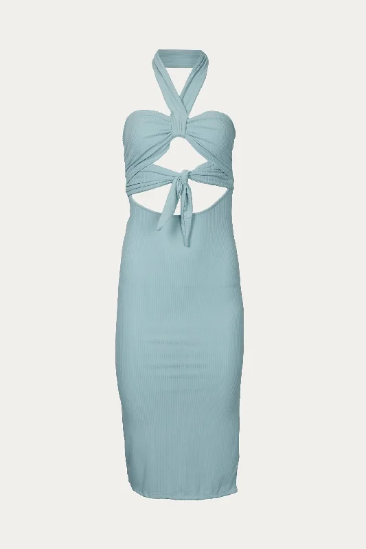 Tie Front Detail Rib Bodycon Dress In Sage