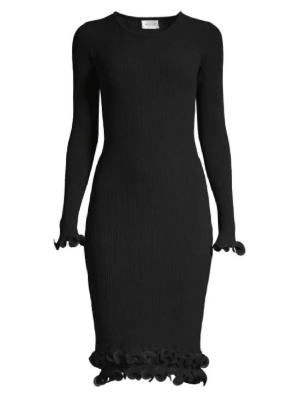 Women's Wired Edge Long Sleeve Ribbed Fitted Bodycon Dress In Black