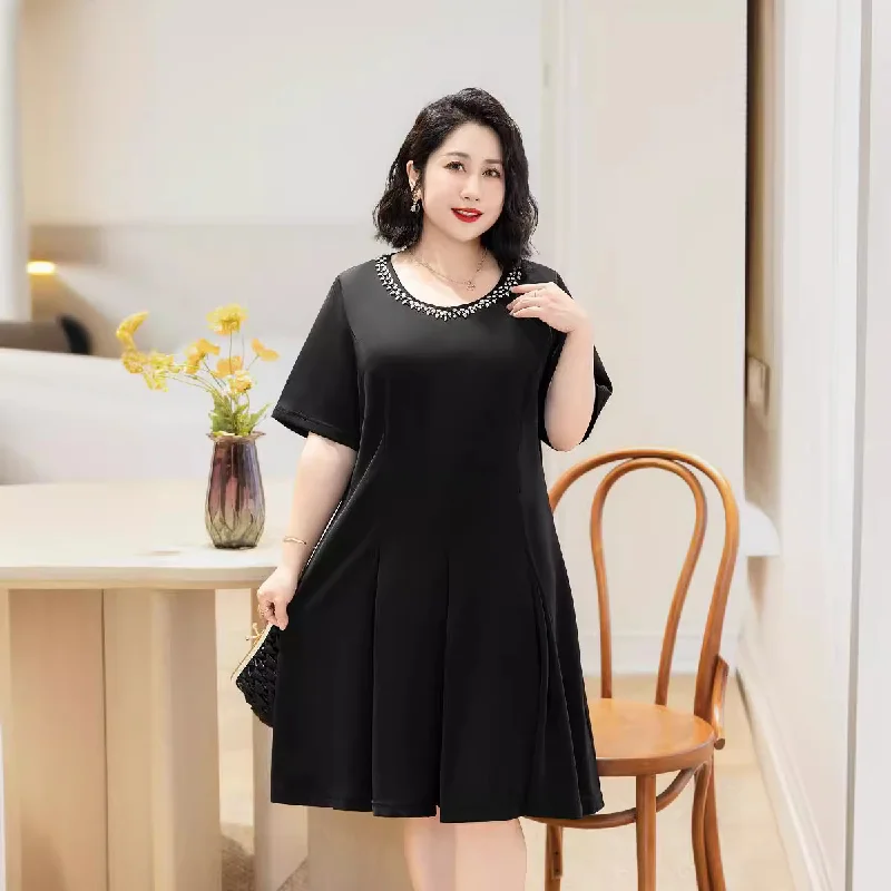 (6XL-8XL) Plus Size Diamante Round Neck Black Dress (EXTRA BIG SIZE)