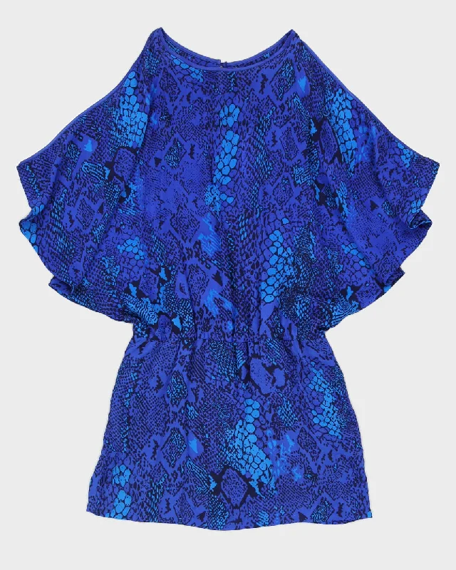 Blue Patterned Silk Cold Shoulder Dress - M