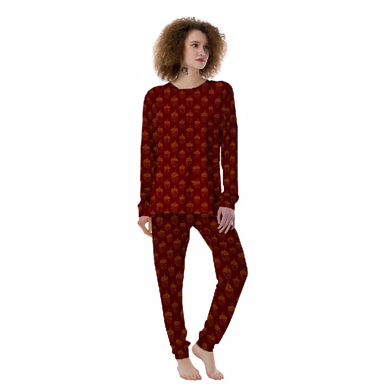 Brown Acorn Print Pattern Women's Pajamas