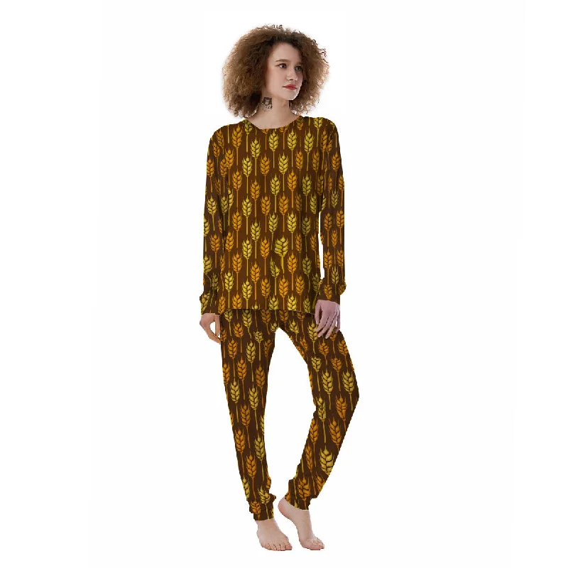 Brown And Yellow Wheat Print Pattern Women's Pajamas