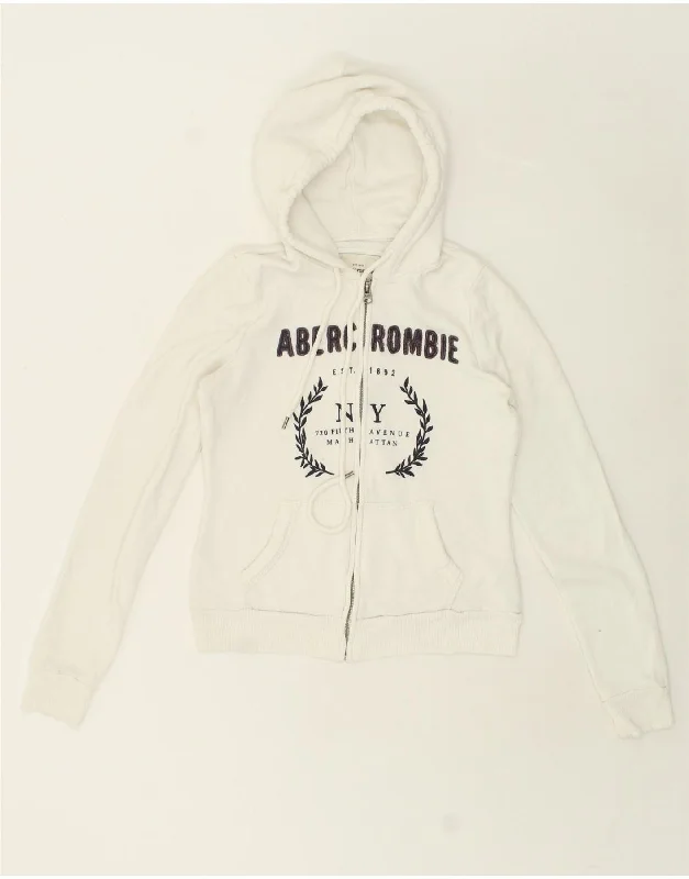 ABERCROMBIE & FITCH Womens Graphic Zip Hoodie Sweater UK 10 Small White