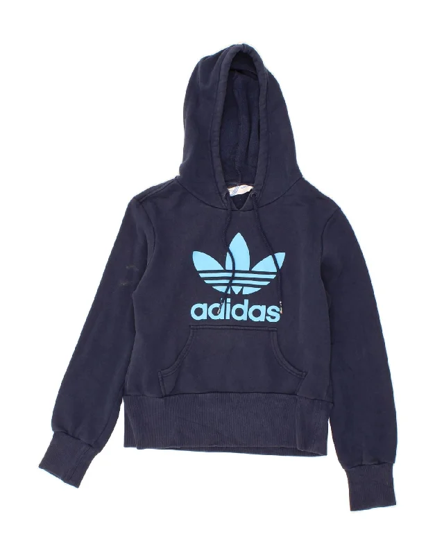 ADIDAS Womens Graphic Hoodie Jumper EU 36 Small Navy Blue Cotton