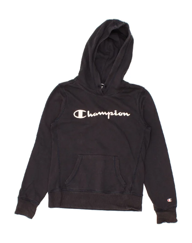 CHAMPION Womens Graphic Hoodie Jumper UK 10 Small Navy Blue Cotton