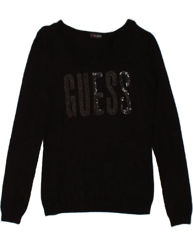 GUESS Womens Graphic Boat Neck Jumper Sweater UK 14 Large Black Viscose