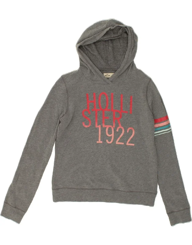 HOLLISTER Womens Graphic Hoodie Jumper UK 14 Medium Grey Cotton