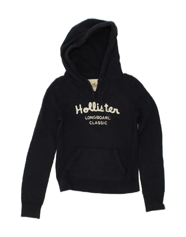 HOLLISTER Womens Graphic Hoodie Jumper UK 6 XS Navy Blue Cotton