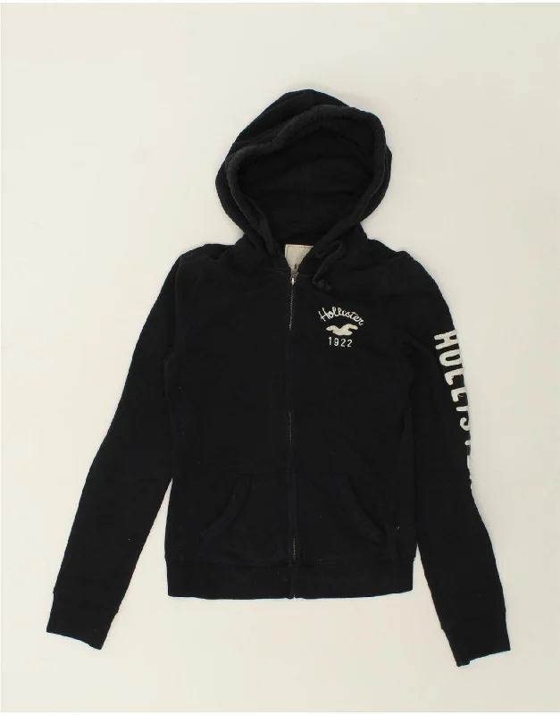 HOLLISTER Womens Graphic Zip Hoodie Sweater UK 10 Small Black Cotton