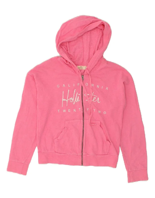 HOLLISTER Womens Graphic Zip Hoodie Sweater UK 10 Small Pink Cotton