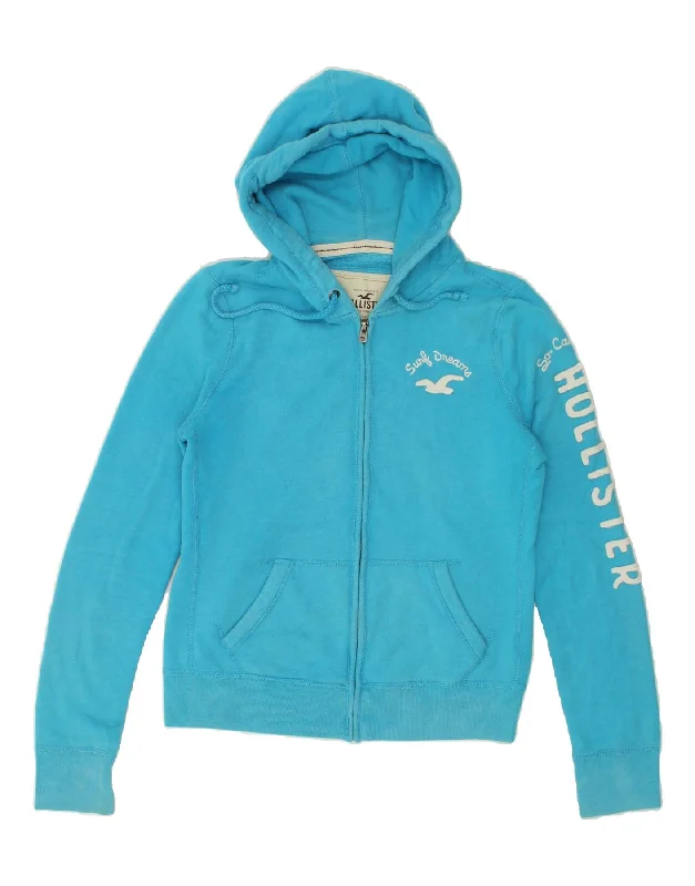 HOLLISTER Womens Graphic Zip Hoodie Sweater UK 14 Large Blue Cotton