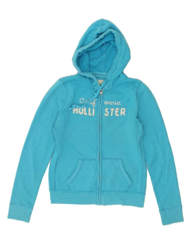 HOLLISTER Womens Graphic Zip Hoodie Sweater UK 14 Large Blue Cotton