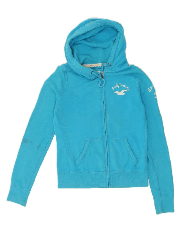 HOLLISTER Womens Graphic Zip Hoodie Sweater UK 14 Medium Blue Cotton