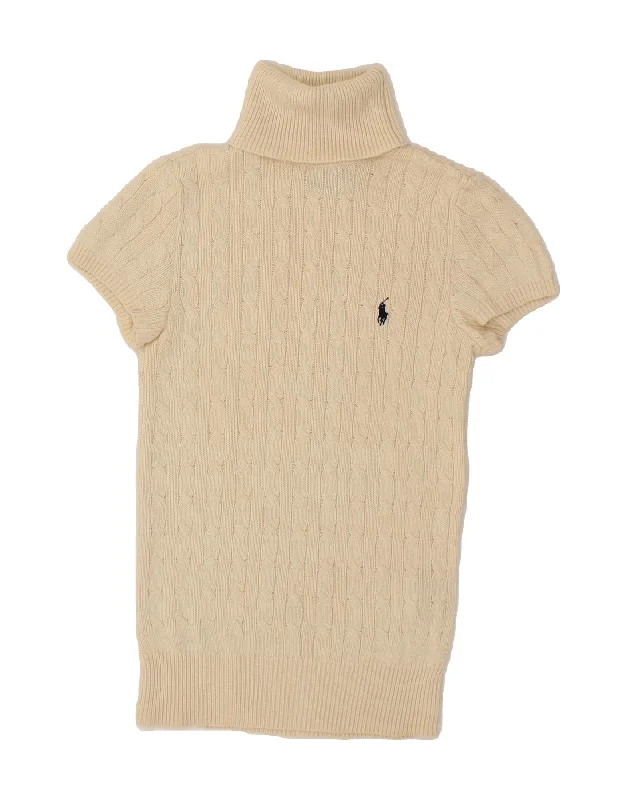 RALPH LAUREN Womens Short Sleeve Roll Neck Jumper Sweater UK 8 Small Beige