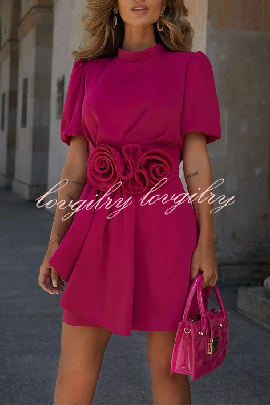 Sweet Surprise Puff Sleeve Rose Ruffles Detail Waist Backless Mini Dress