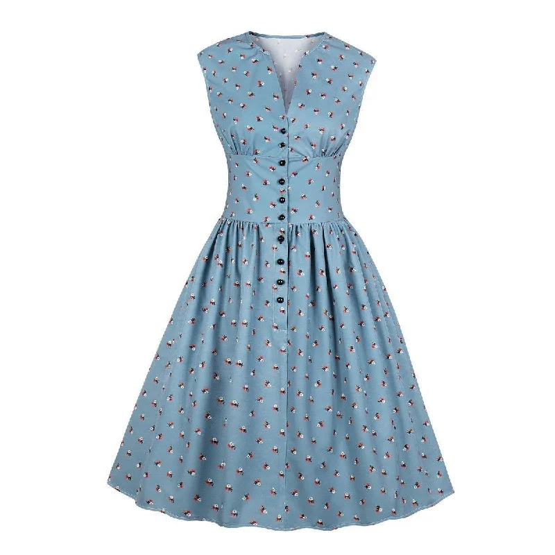 Women V Neck Floral Print High Waist Vintage Dresses with Button