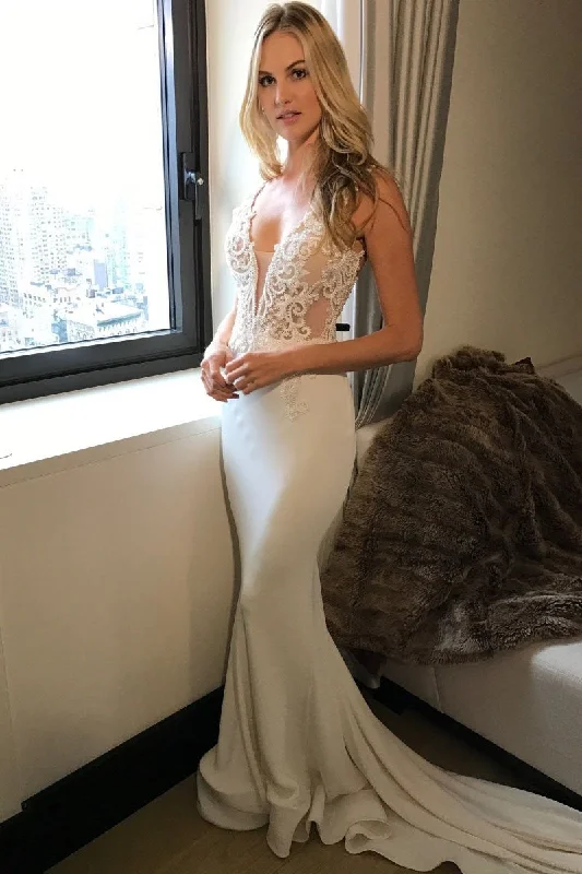 2024 Long Princess Mermaid V-Neck Sleeveless Lace Sexy Ivory Wedding Dresses WK23