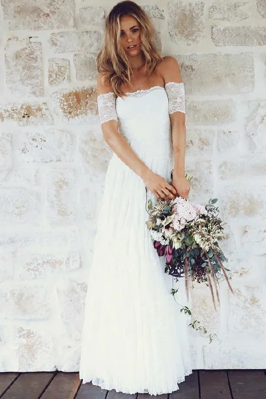 A-Line Off-the-Shoulder Short Sleeves Backless White Lace Boho Wedding Dresses WK365