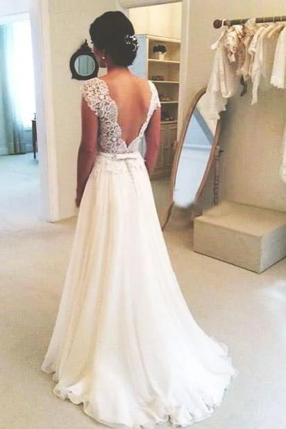 A-line Round Neckline Chiffon Lace Long Open Back Sleeves Wedding Dresses WK217