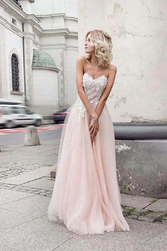 A Line Sweetheart Tulle Pink Prom Dresses with Appliques Beach Wedding Dresses