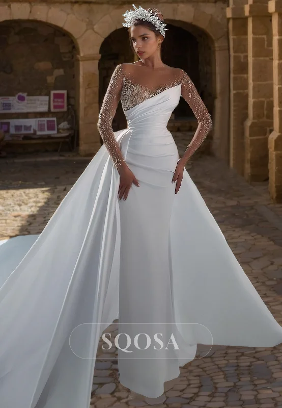 Mermaid Strapless Long Sleeves Pleated Beaded Wedding Dress with Train