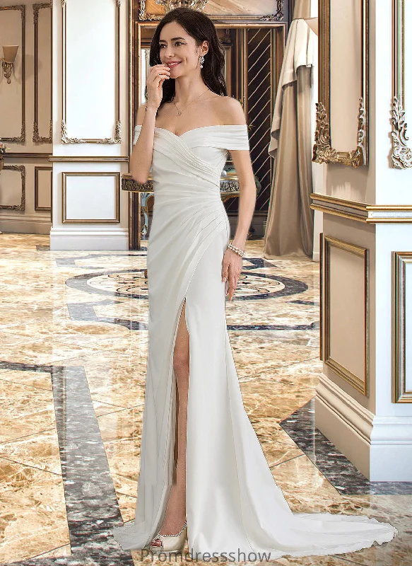 Felicity Sheath/Column Off-the-Shoulder Sweep Train Stretch Crepe Wedding Dress With Ruffle Split Front STKP0013707