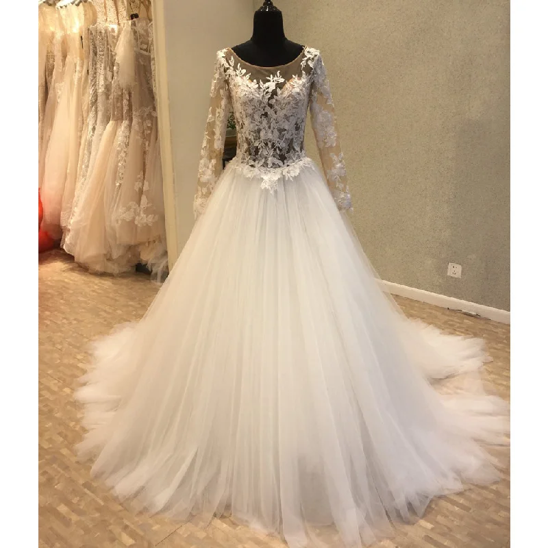 Long Sleeves Popular Applique Tulle Long Cheap Bridal Wedding Dress, WG696