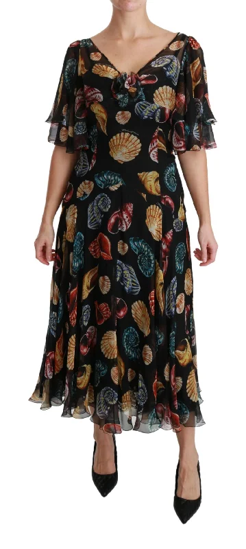 Dolce & Gabbana Elegant Sea Shells Print Silk Midi Women's Dress