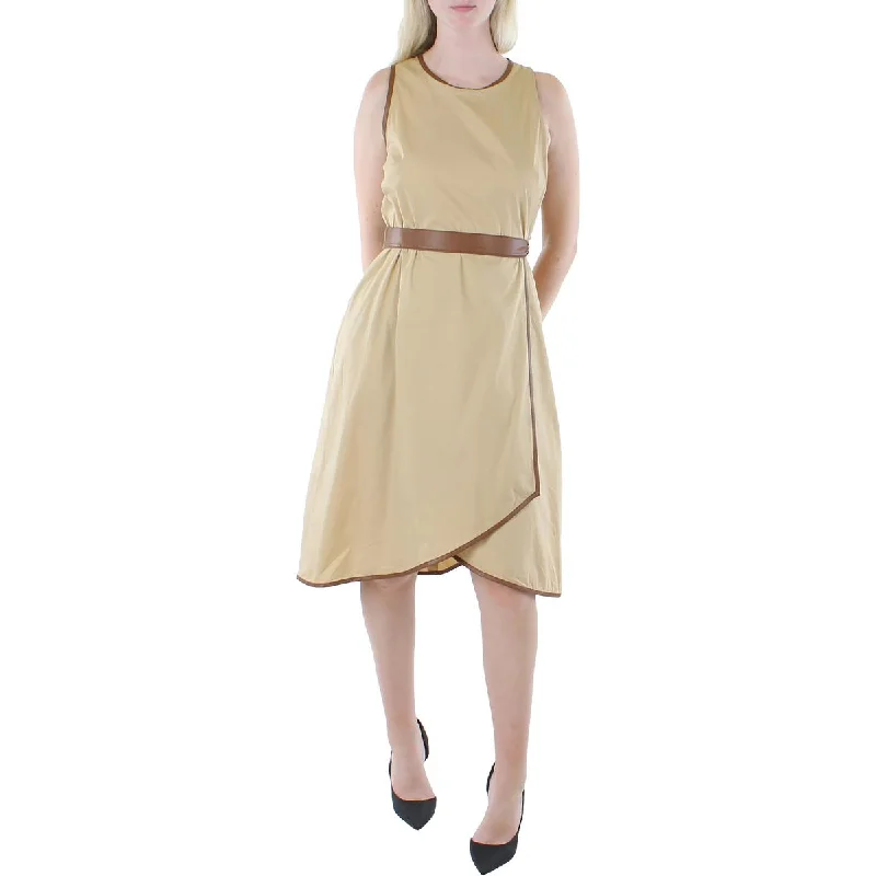 Womens Faux Leather Trim Sleeveless Midi Dress