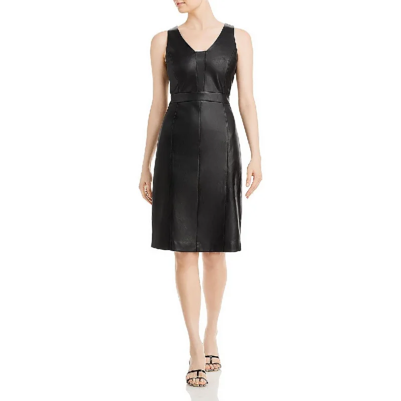 Womens Faux Leather Knee Midi Dress