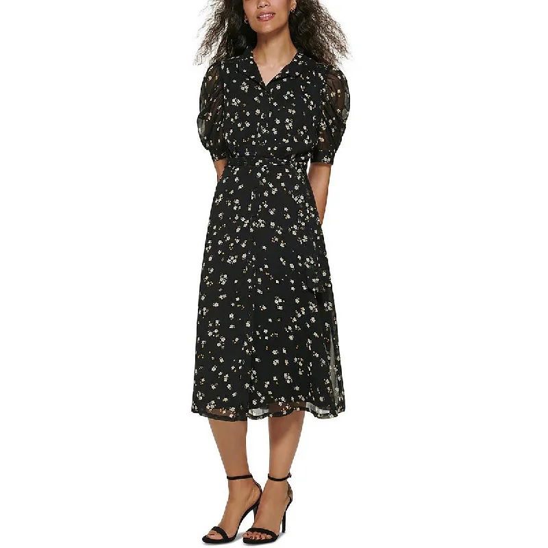 Womens Chiffon Floral Print Midi Dress