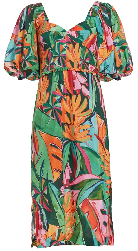 FARM Rio Women's Puffed Sleeve Midi Dress, Banana Foliage Multicolor