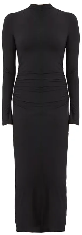 Vince Women's Solid Black Mock Neck Ruched Midi Dress