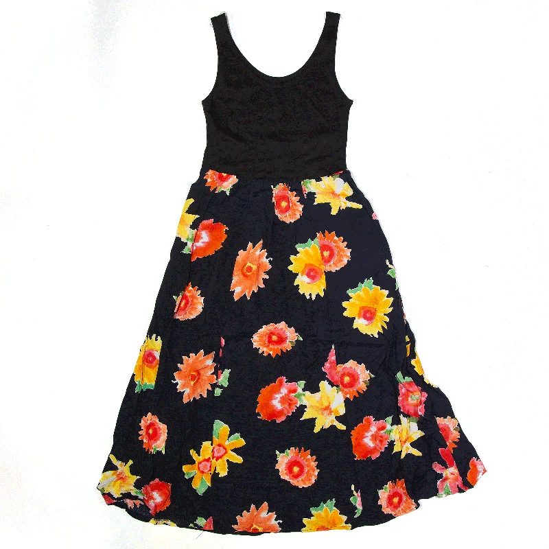 Black Floral Midi Sleeveless Day Dress Womens UK 8