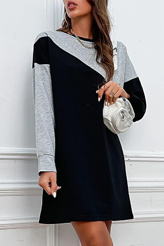 TWO TONE COLORED LONG SLEEVE CASUAL DRESS