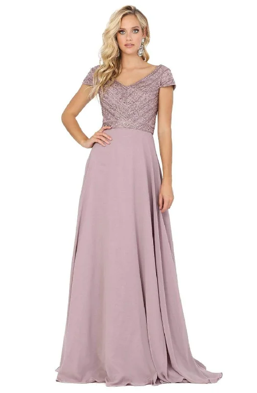 Dancing Queen - 4015 Short Sleeve Beaded Bodice Chiffon Gown