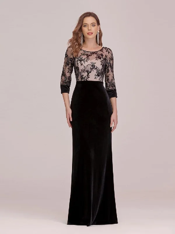 Sexy High Waist Velvet Straight Evening Dress with Lace Bodice