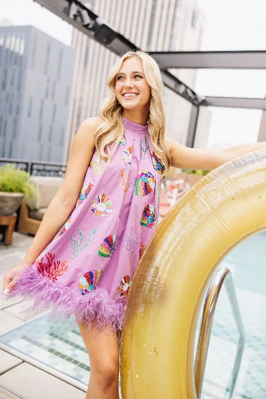 Purple Coral & Shell Feather Tank Dress