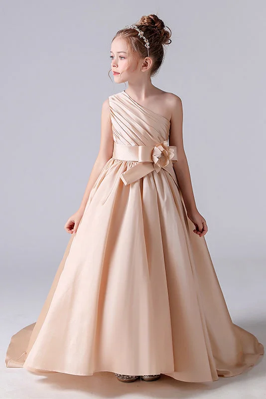 One shoulder Champagne Pleats Flower Girl Dresses With Fower Belt