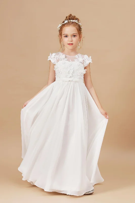 A Line Floor Length Ivory Chiffon Appliques Flower Girl Dress