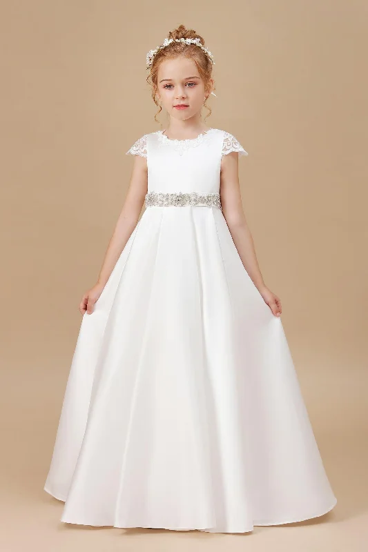 A Line Ivory Satin Cap Sleeve Flower Girl Dresses With Rhinestones