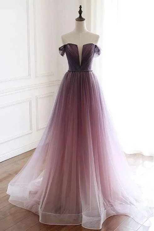 A Line Off the Shoulder Ombre Prom Dresses with Belt