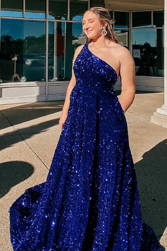 A-line One Shoulder Royal Blue Prom Dress with Beading