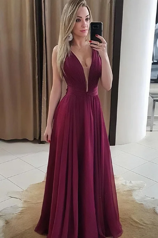 A Line Sexy V-Neck Chiffon Prom Dress with Pleats N1294