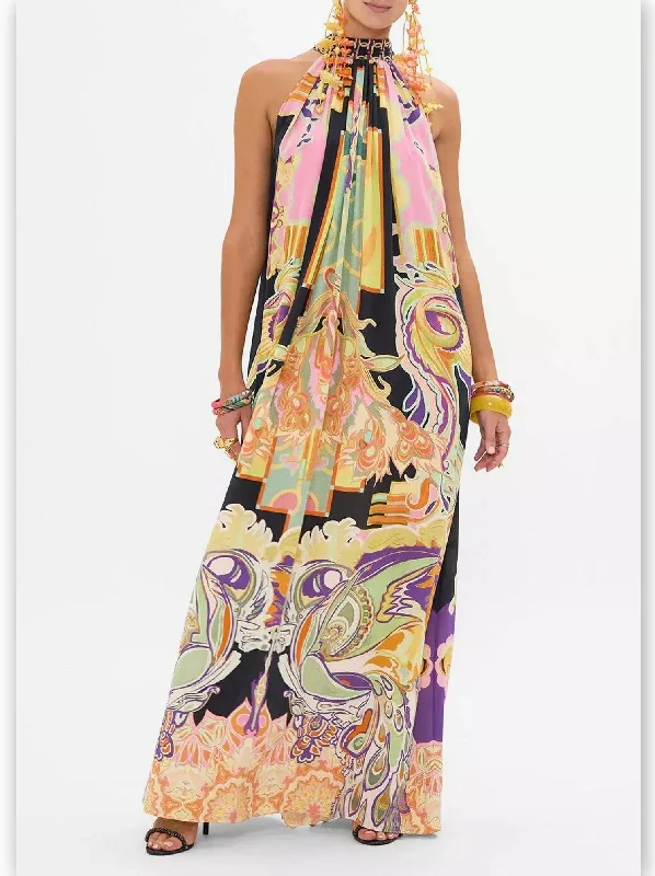 Abstract Printed Halter Tie-Neck Long Silk Dress