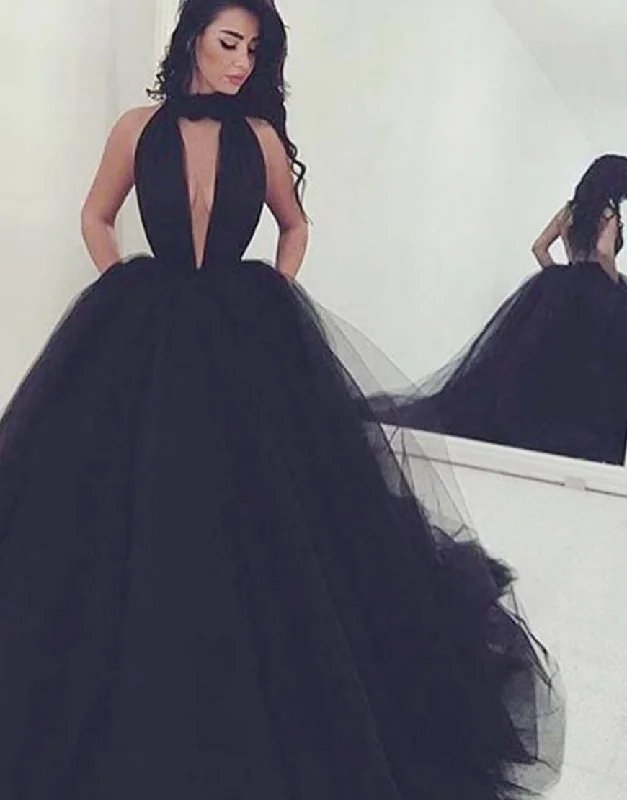 Ball Gown Halter Sleeveless Keyhole Backless Black Sexy Prom Dress